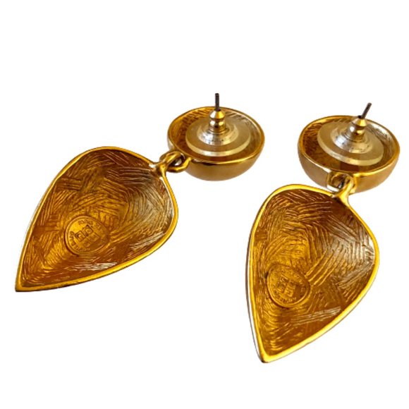 Givenchy Paris New York Earrings Gold Tone Brushed Drop Dangle Post Signed - Picture 10 of 14
